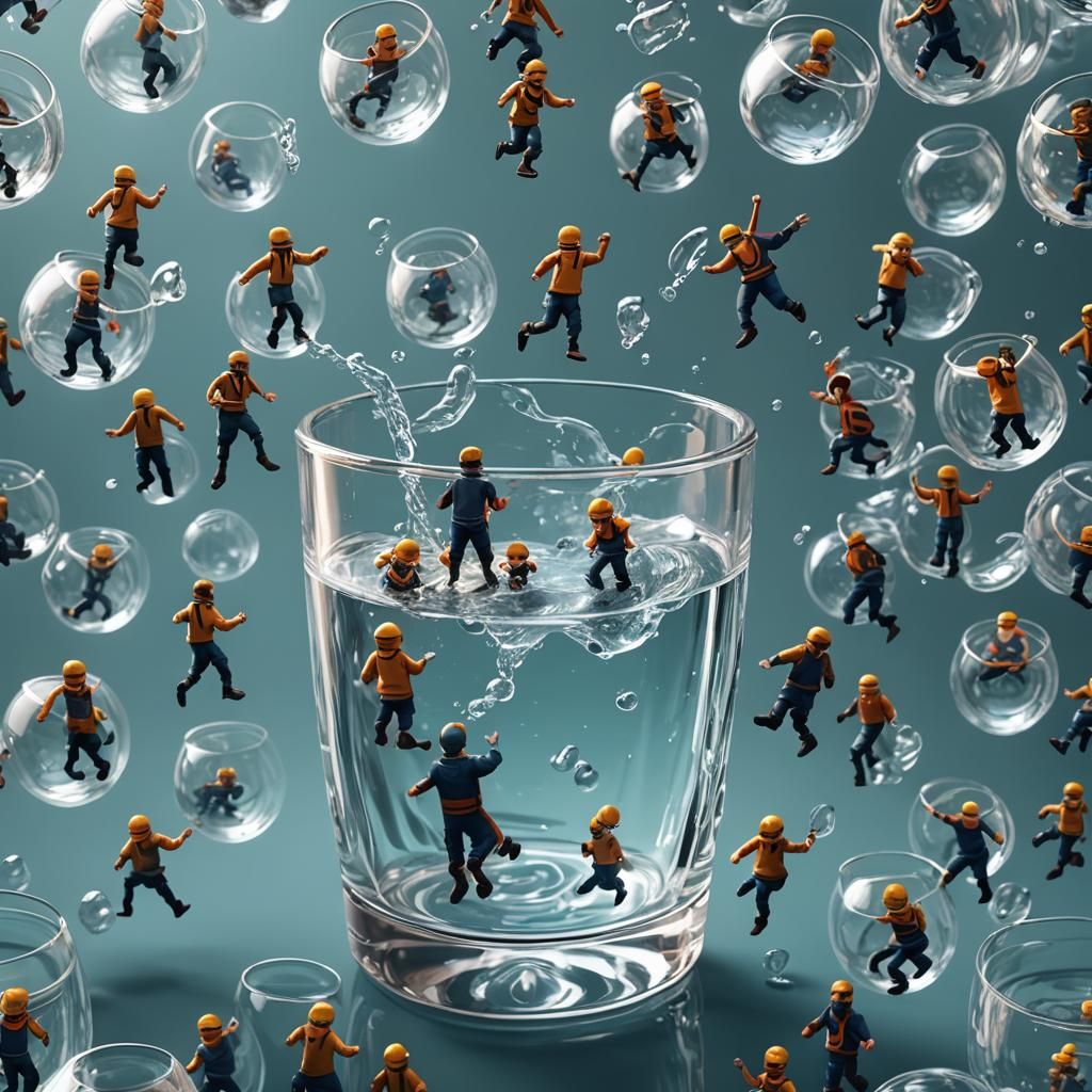 Mini People Floating in Glass of Water: Detailed Matte Paint...