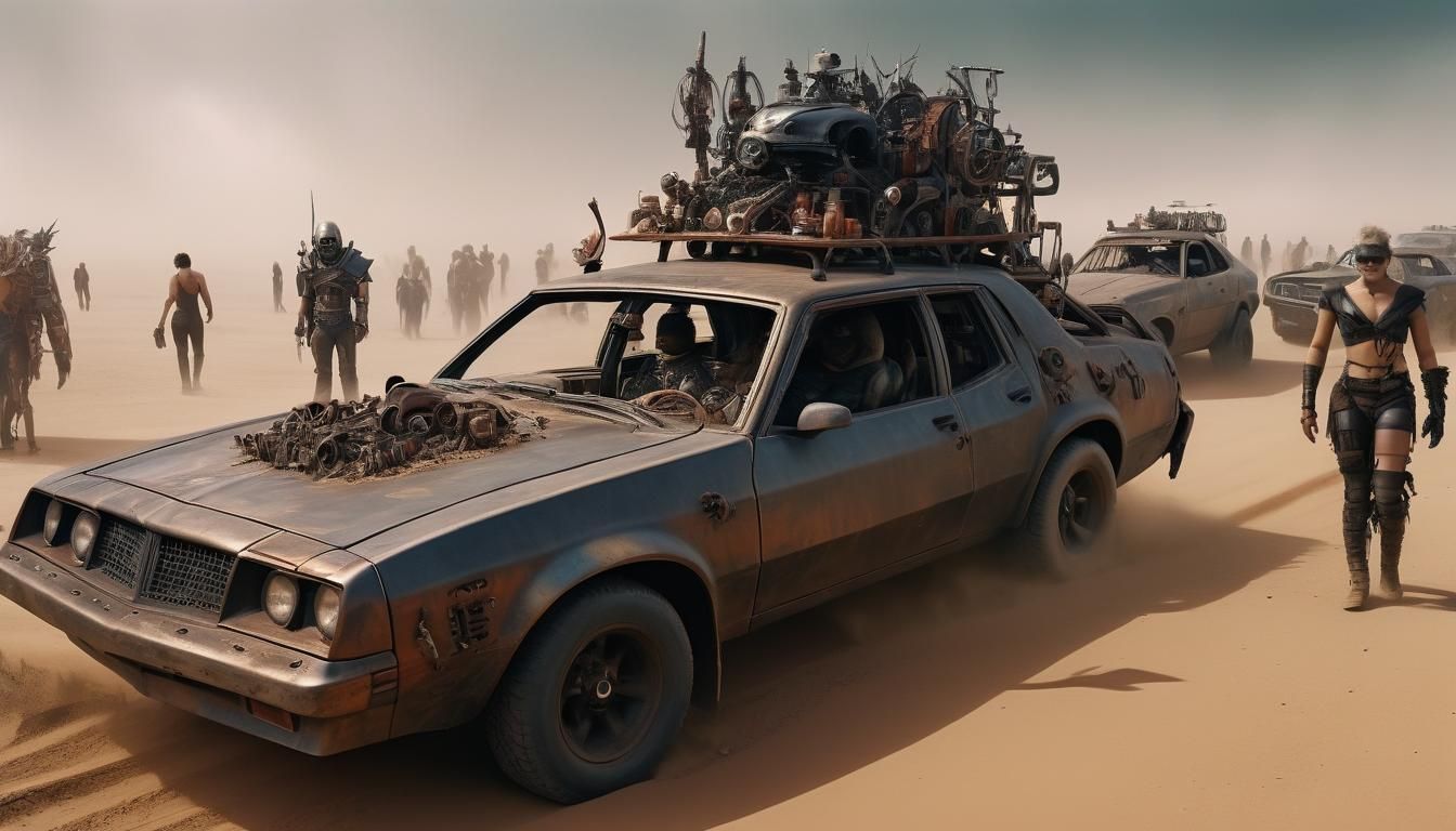 a vast wasteland like in a MadMax movie, with a close up of ...