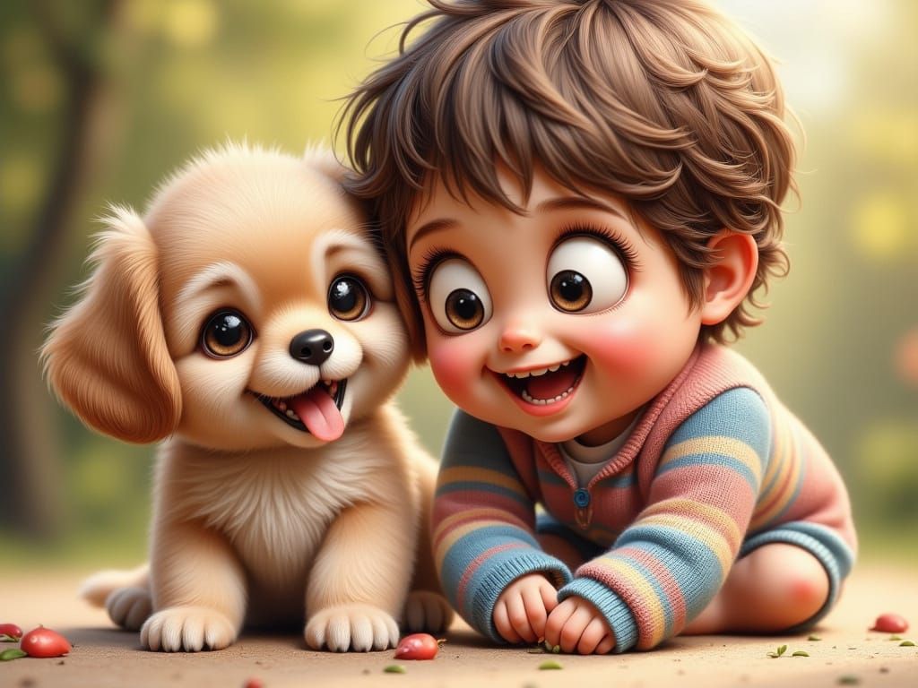 Joyful Moment of a Young Child and Adorable Puppy