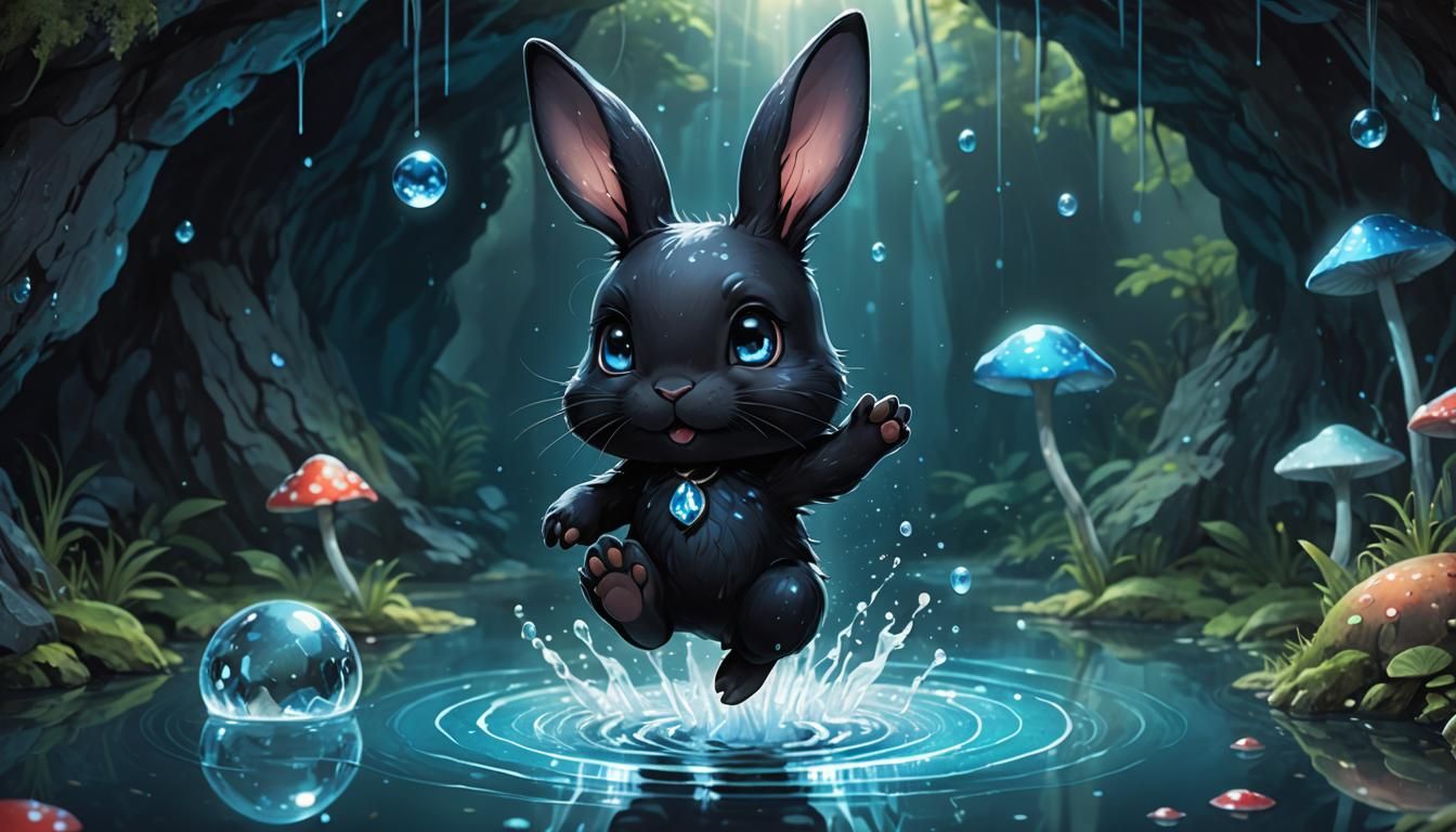 Chibi Black Rabbit in Magical Pond, Watercolor Art