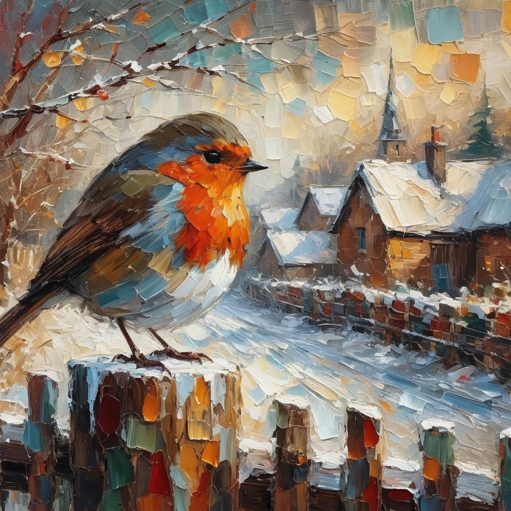 Robin in Winter Village: Impasto Abstract Expressionism