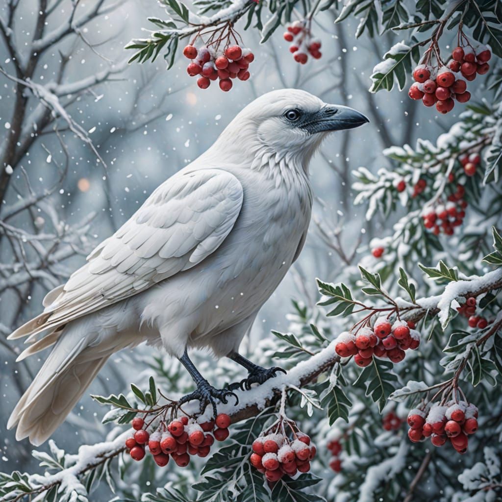 Majestic White Crow in Winter Wonderland