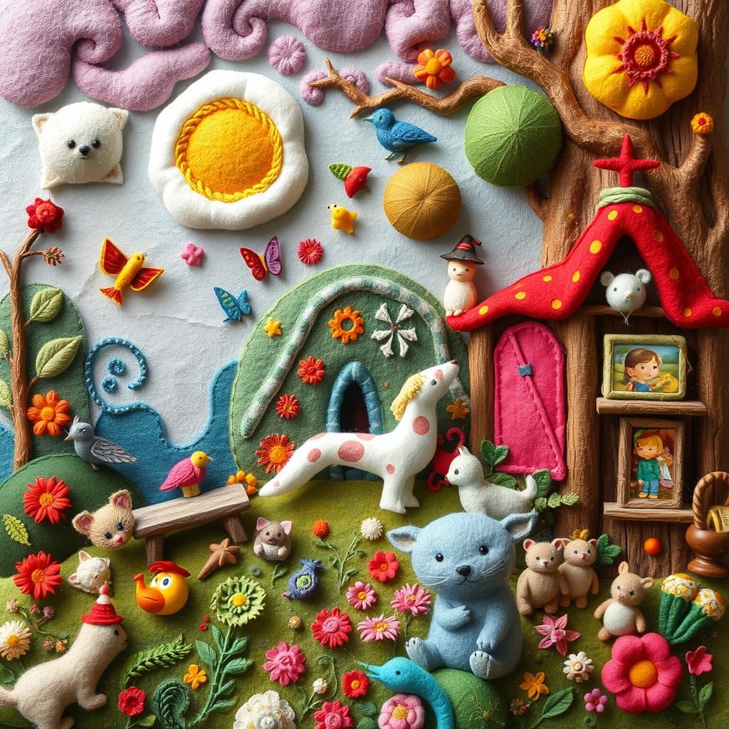 Fantastic Felt Fairytale Scene in Oil Painting Style