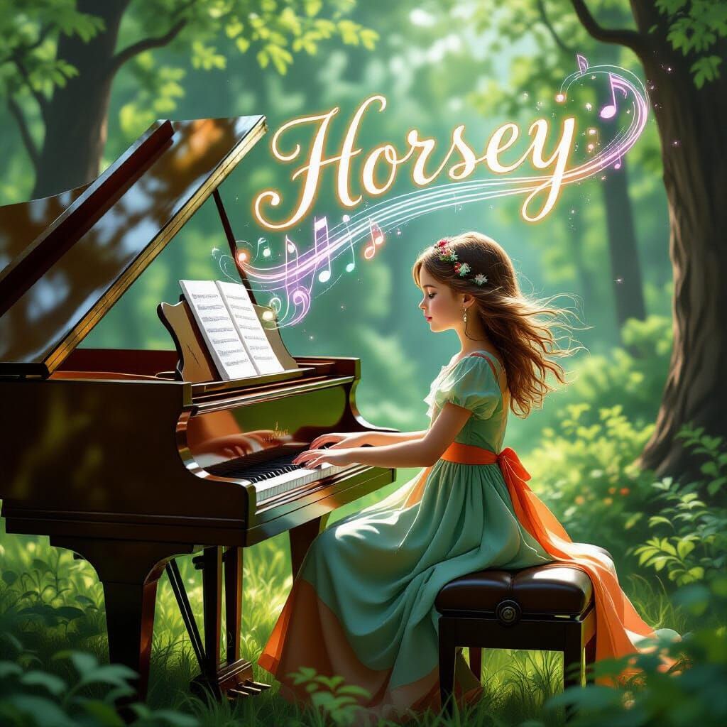 Girl Plays Piano, Music Spells 'Horsey', Hyperrealistic Styl...