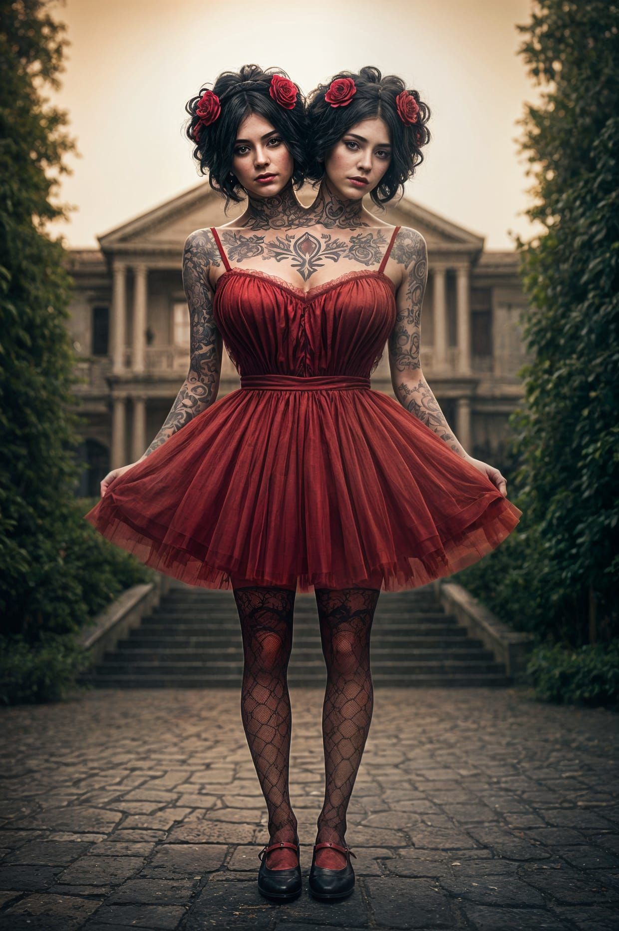 Surreal Portrait of Conjoined Twins in Red, Tattoos and Colo...