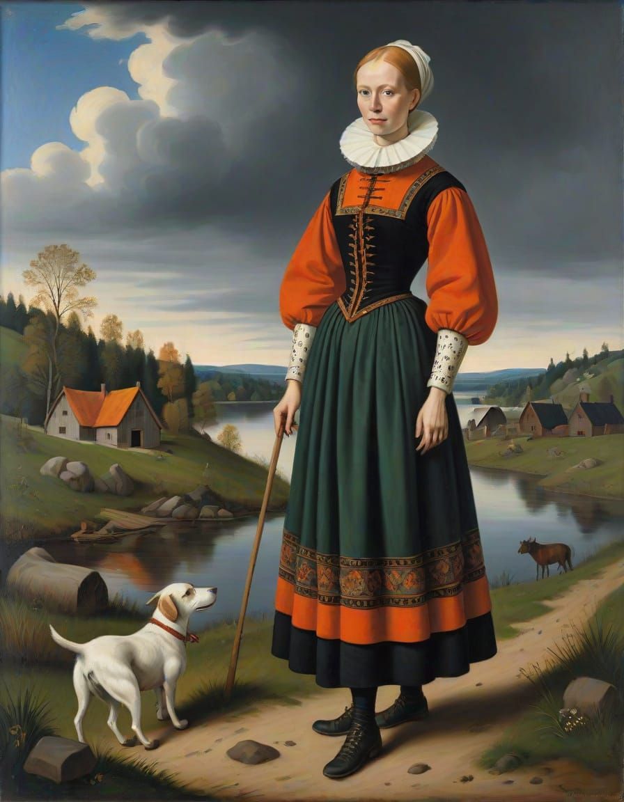Nordic Woman in 1620 AD Folk Art Painting
