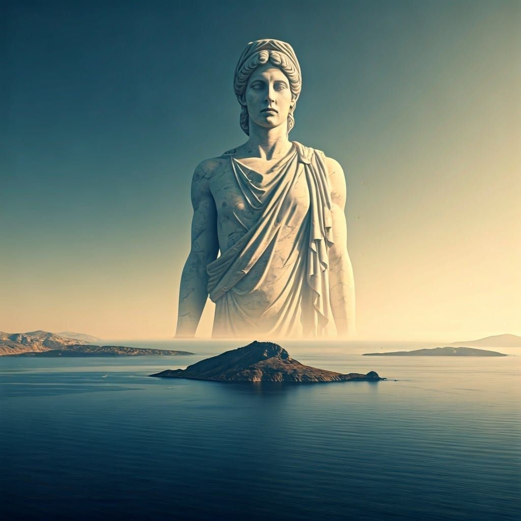 Ancient Greek Colossus Towers Above Aegean Sea in Hyper-Real...