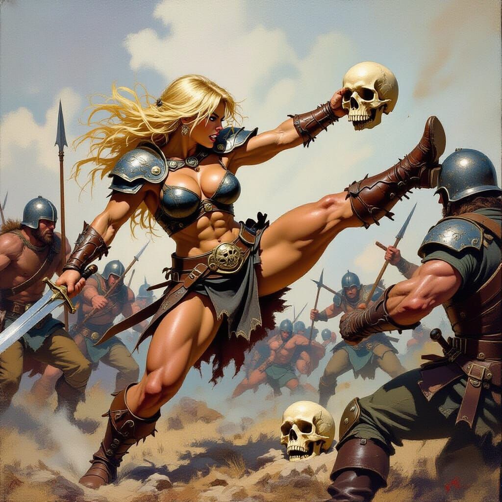 Barbarian Woman Kicking Skull on Battlefield, Oil Painting
