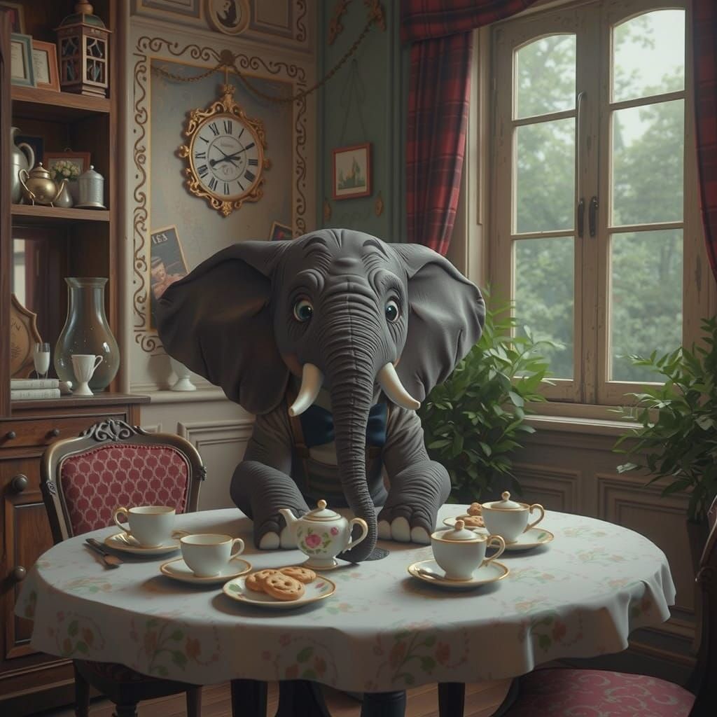 Elegant Elephant Sips Tea in Whimsical Restaurant Scene