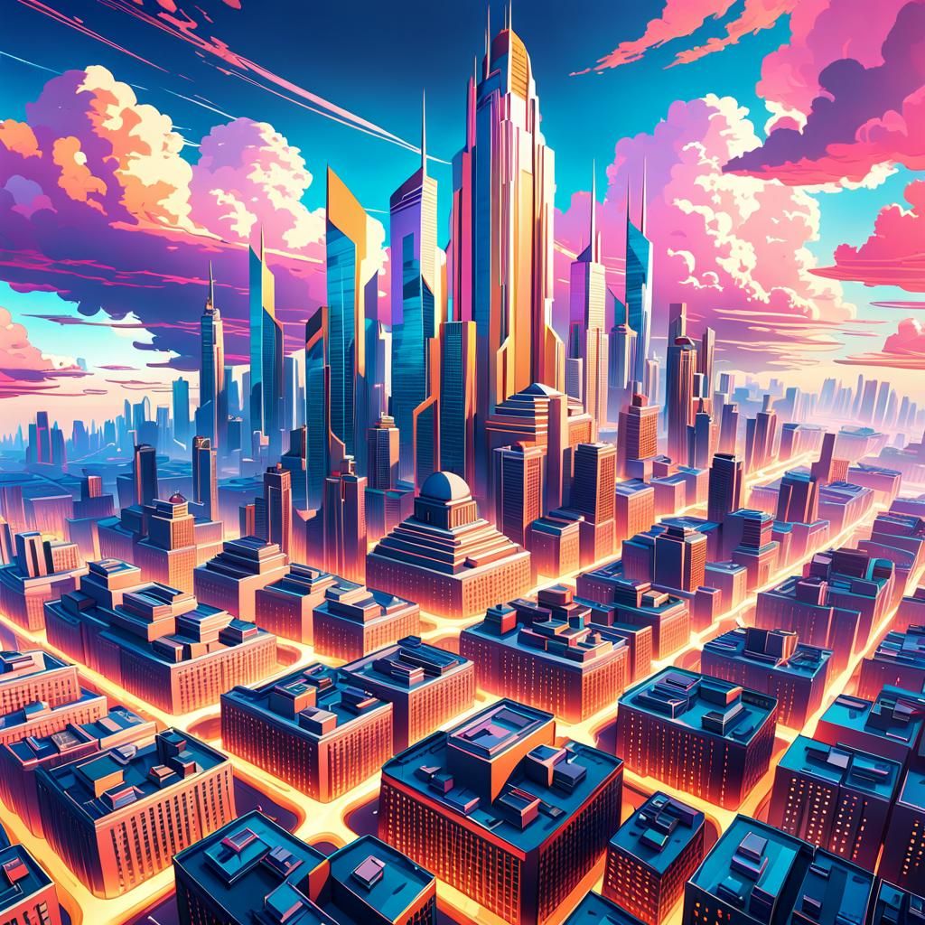 Surrealistic Anime Sky Cityscape with Futuristic Architectur...