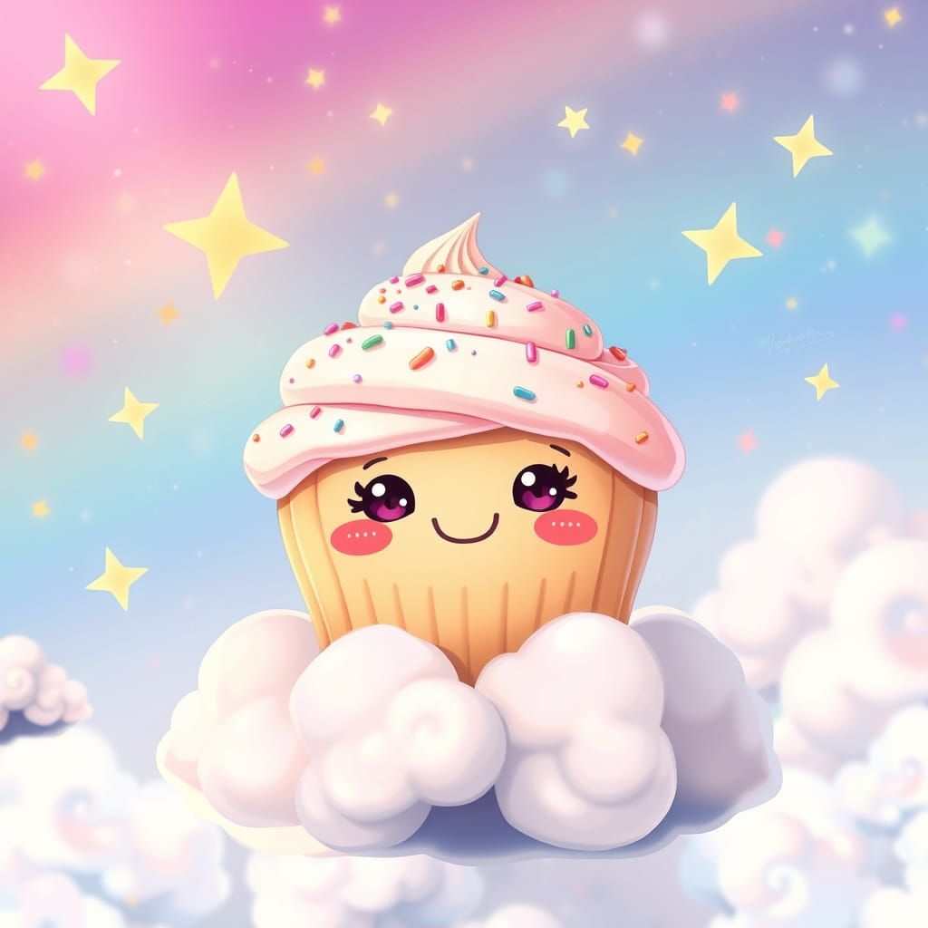 Happy Cupcake in Rainbow Sky: Kawaii Anime Art