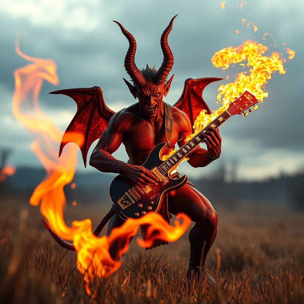 Fiery Devil Plays Guitar in Georgia Landscape