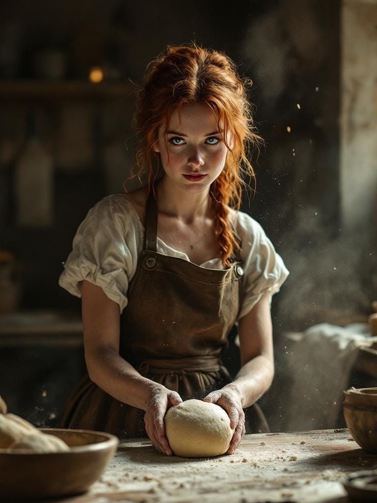 Redhead Baker Kneading Dough in Film Noir Lighting