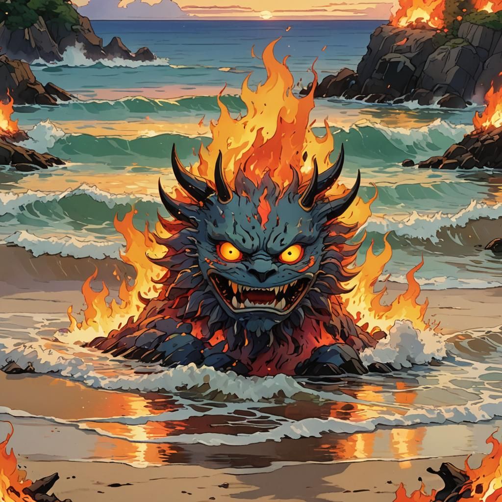 Fiery Devil Head on Beach, Studio Ghibli Style