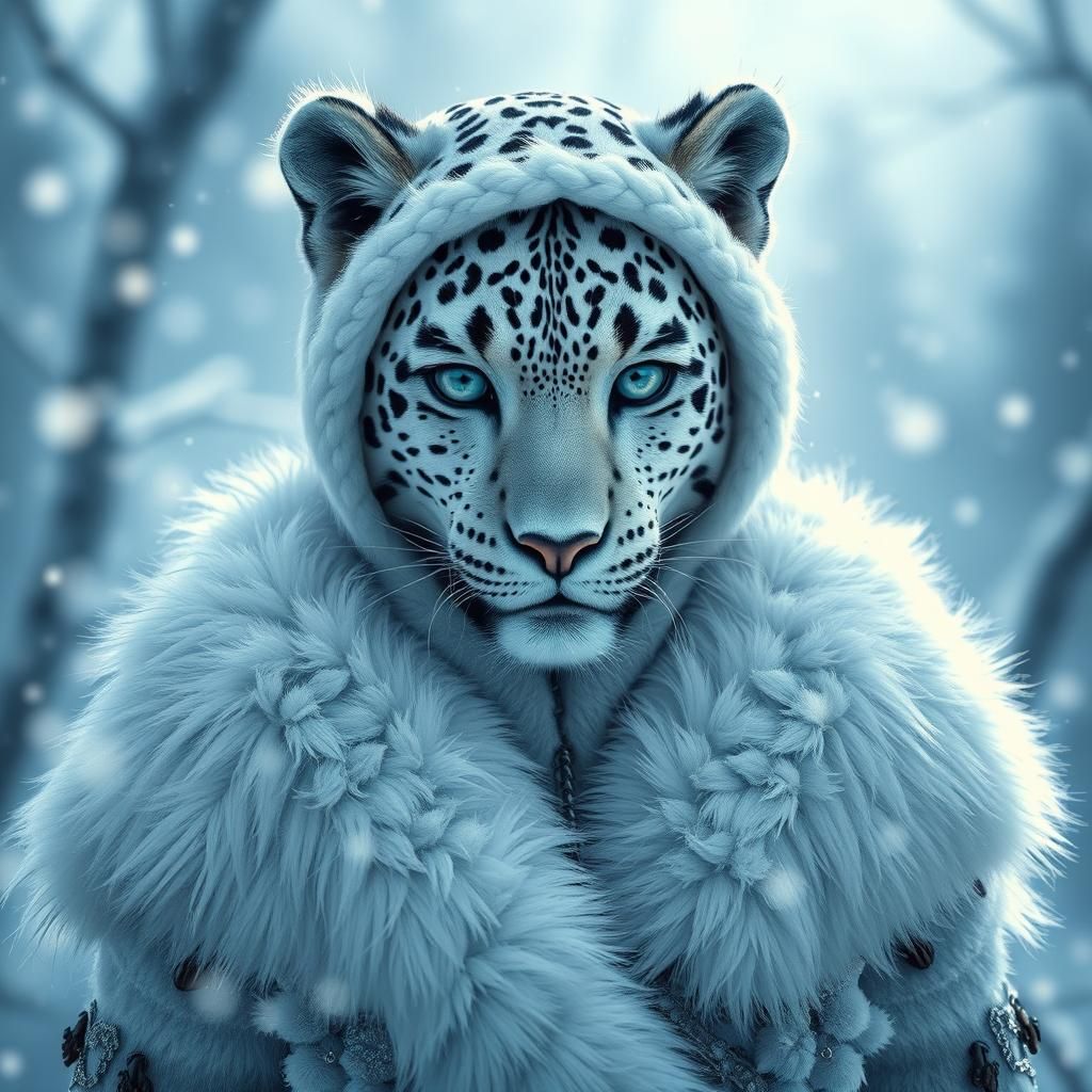 Snow Leopard Woman in Snowy Environment
