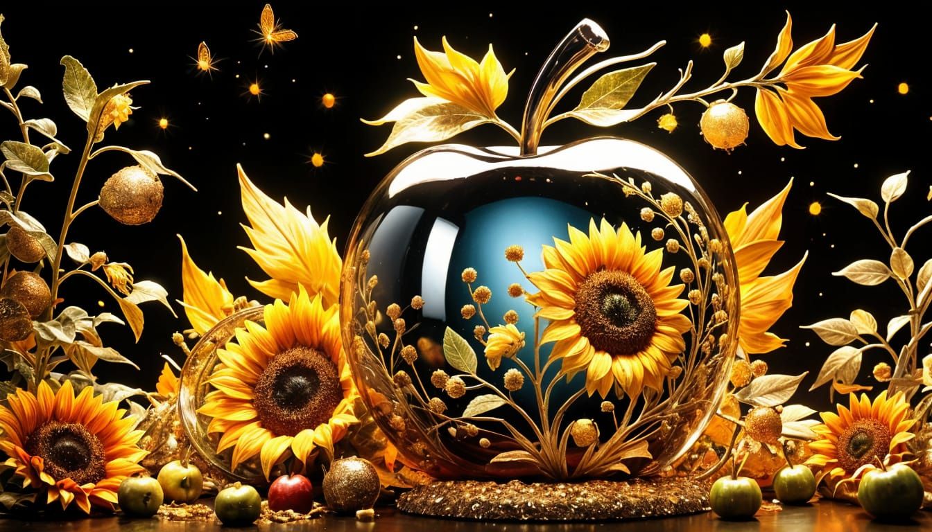 Sunflower in Glass Apple with Glittering Fireflies