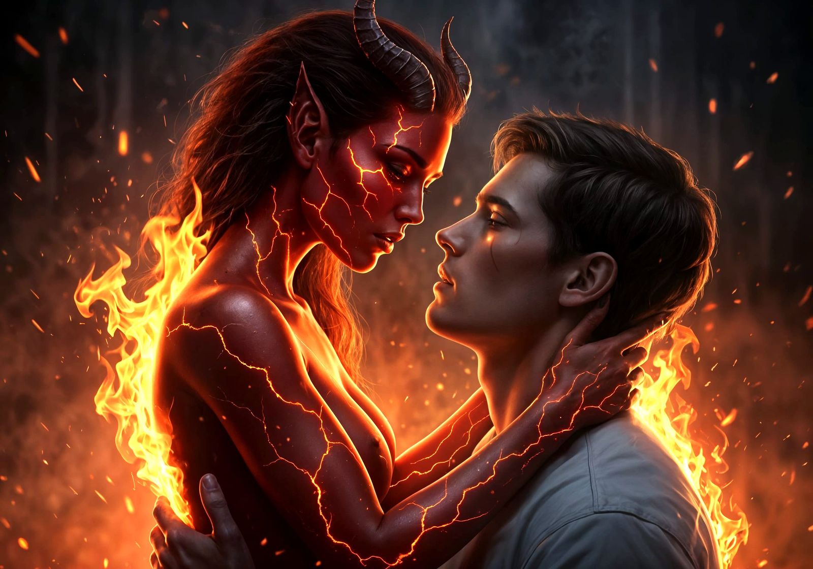 Demon's Fiery Embrace of a Human Man