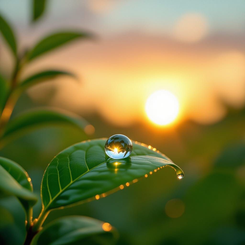 Sunrise Water Droplet Reflecting Sky on Leaf