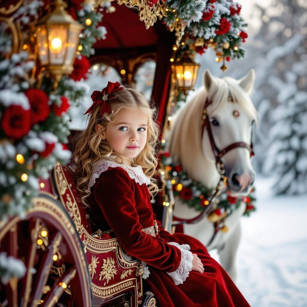 Fairytale Girl in Ornate Carriage in Snowy Forest