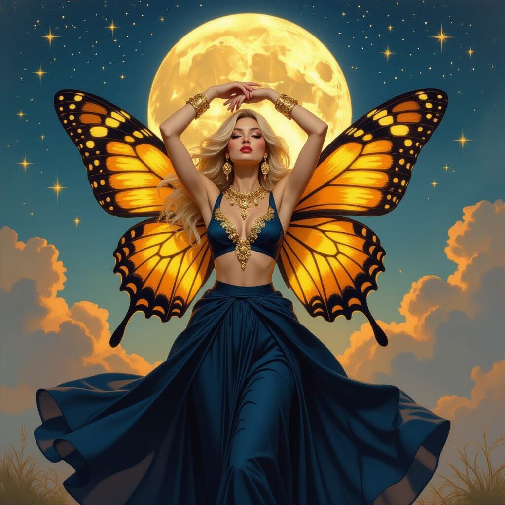 Golden Butterfly Woman in a Night Sky, Oil Painting Style