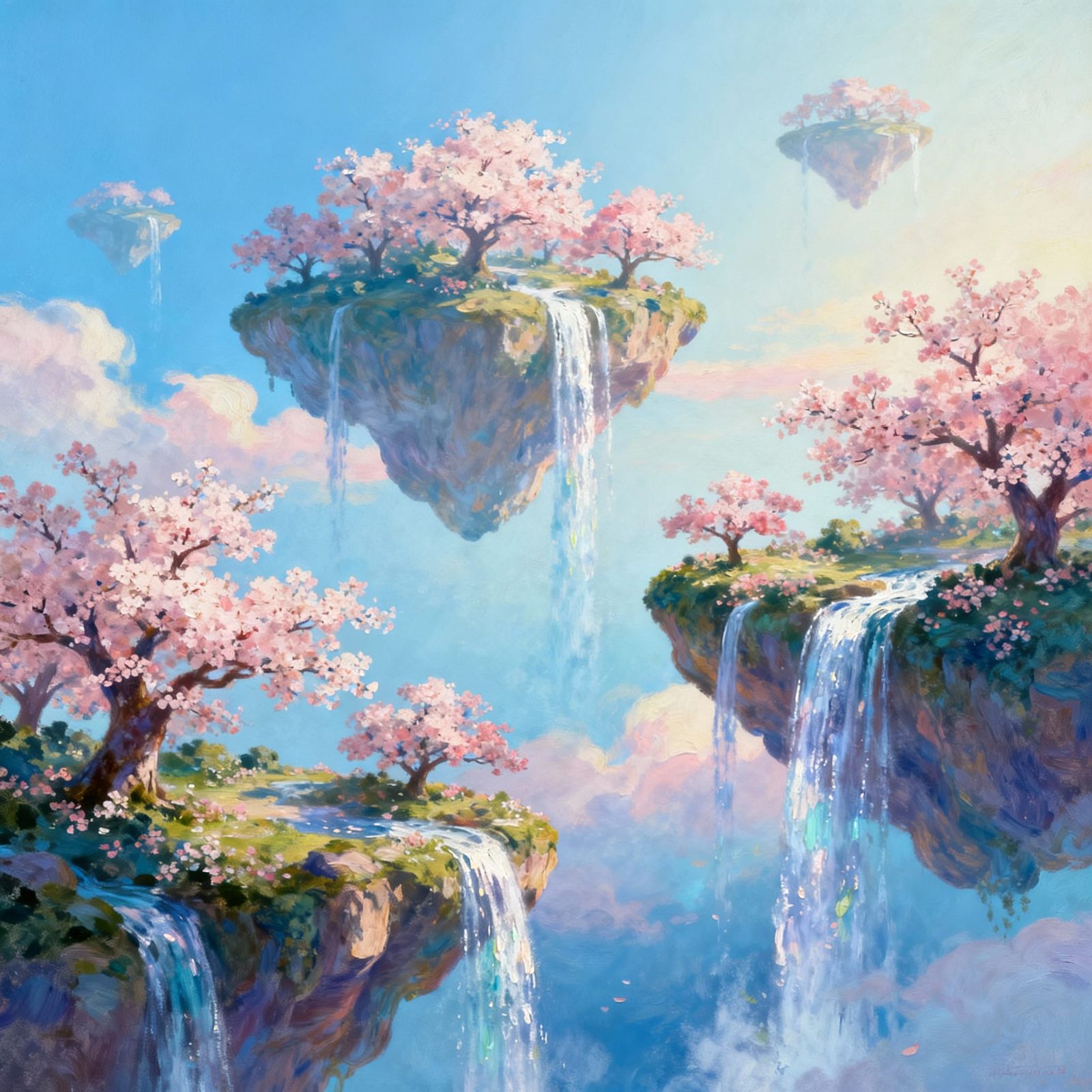 Enchanting Floating Islands with Cherry Blossoms in Oil Pain...