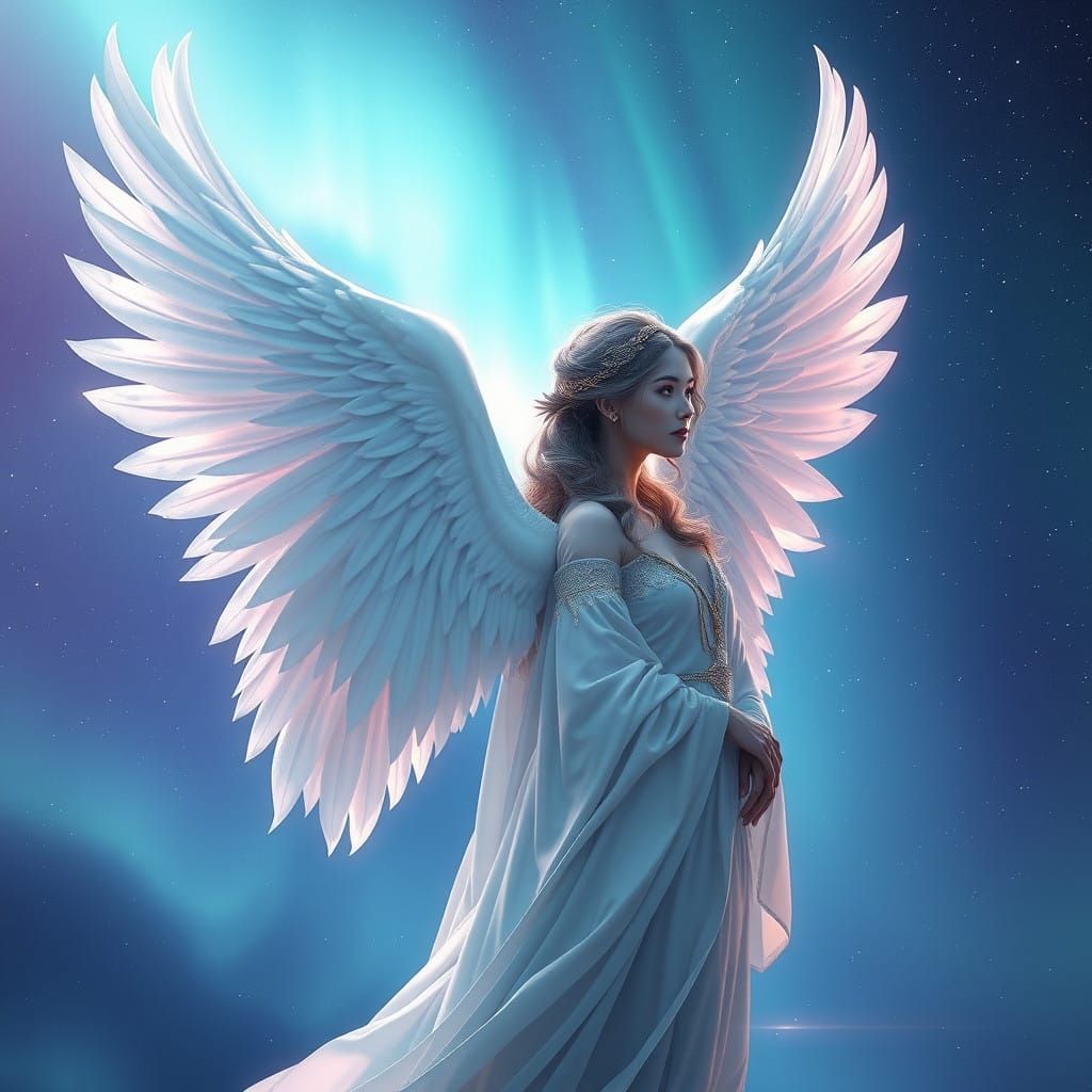 Ethereal Queen with Delicate Wings in Vibrant Aurora Boreali...