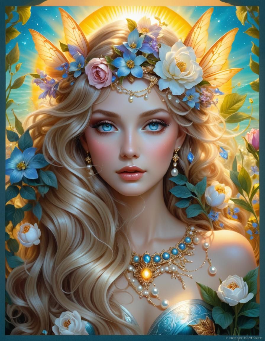 Hyperrealistic Portrait of a Fairy Woman with Summer Tattoos