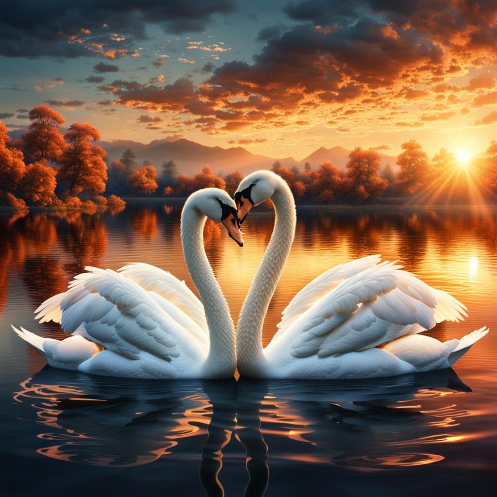 White Swans Embrace on Shimmering Lake at Sunset