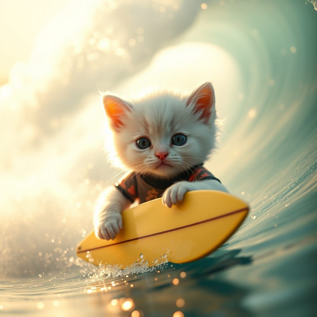 Whimsical Kitten Rides California Wave in Vibrant Cinematic ...