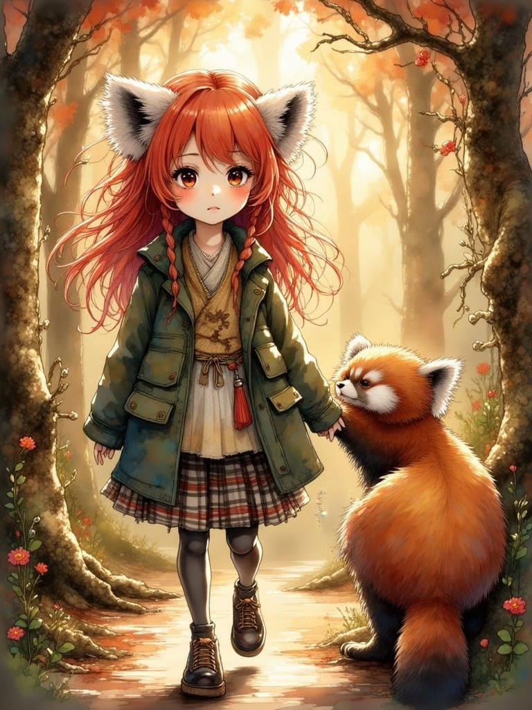 Anime Red Panda Girl Enters Realistic Forest