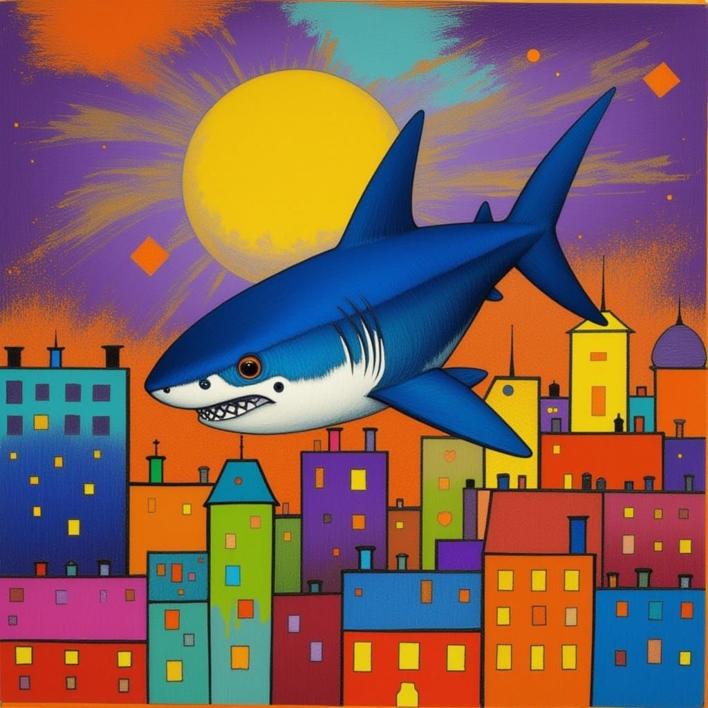 Pop Art Shark Swims Through Abstract Cityscape