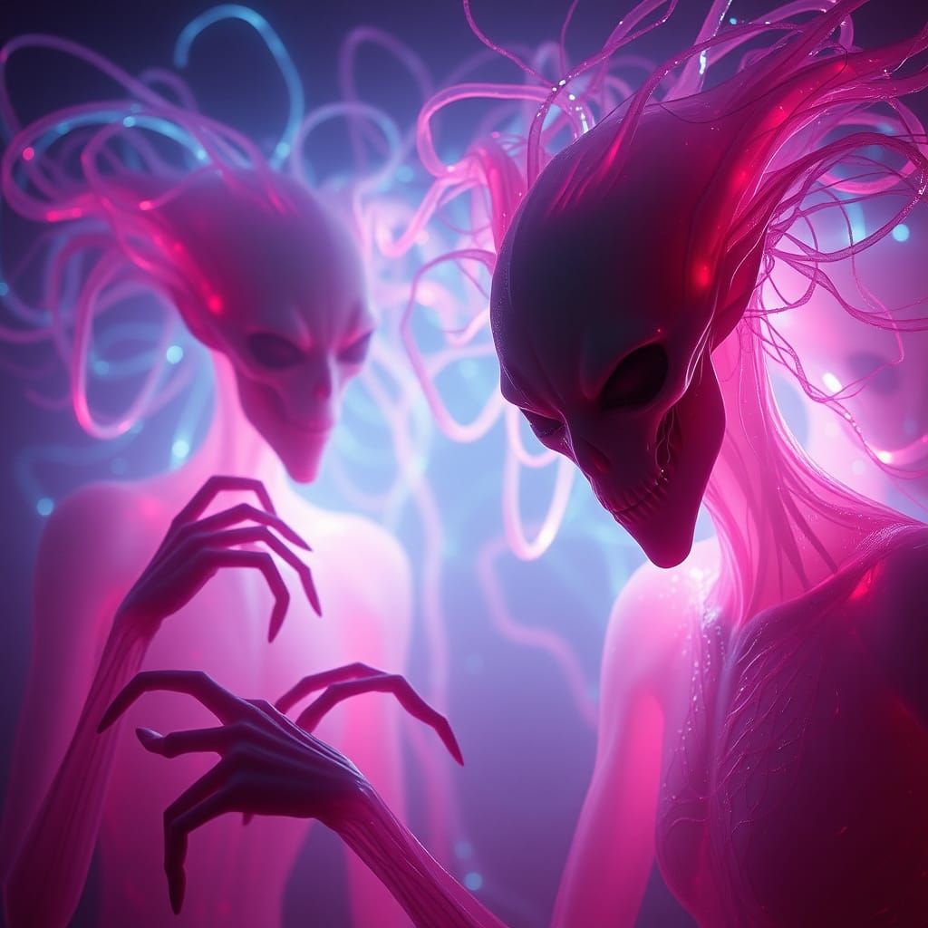 Dark, mysterious creatures, eternally cursed, exude a creepy aura with volumetric and dynamic lighting. Intricate, iride...