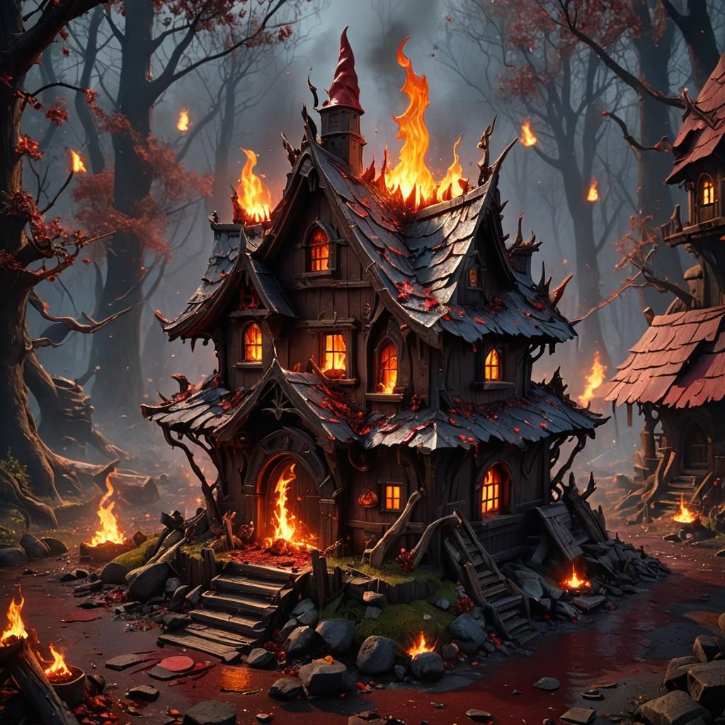 Burning Gnome House with Blood Splatter: Fantasy Concept Art