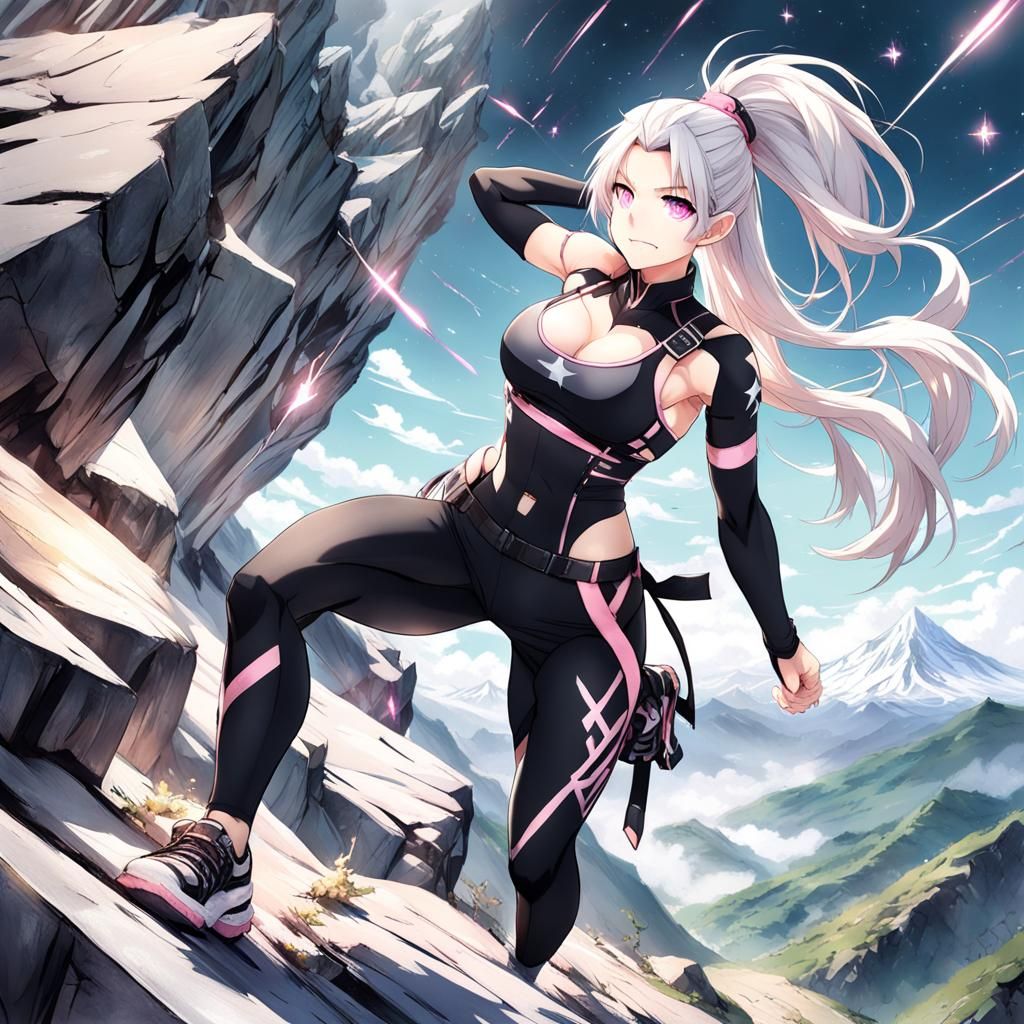 Muscular Girl Climbs Mountain in Anime Style