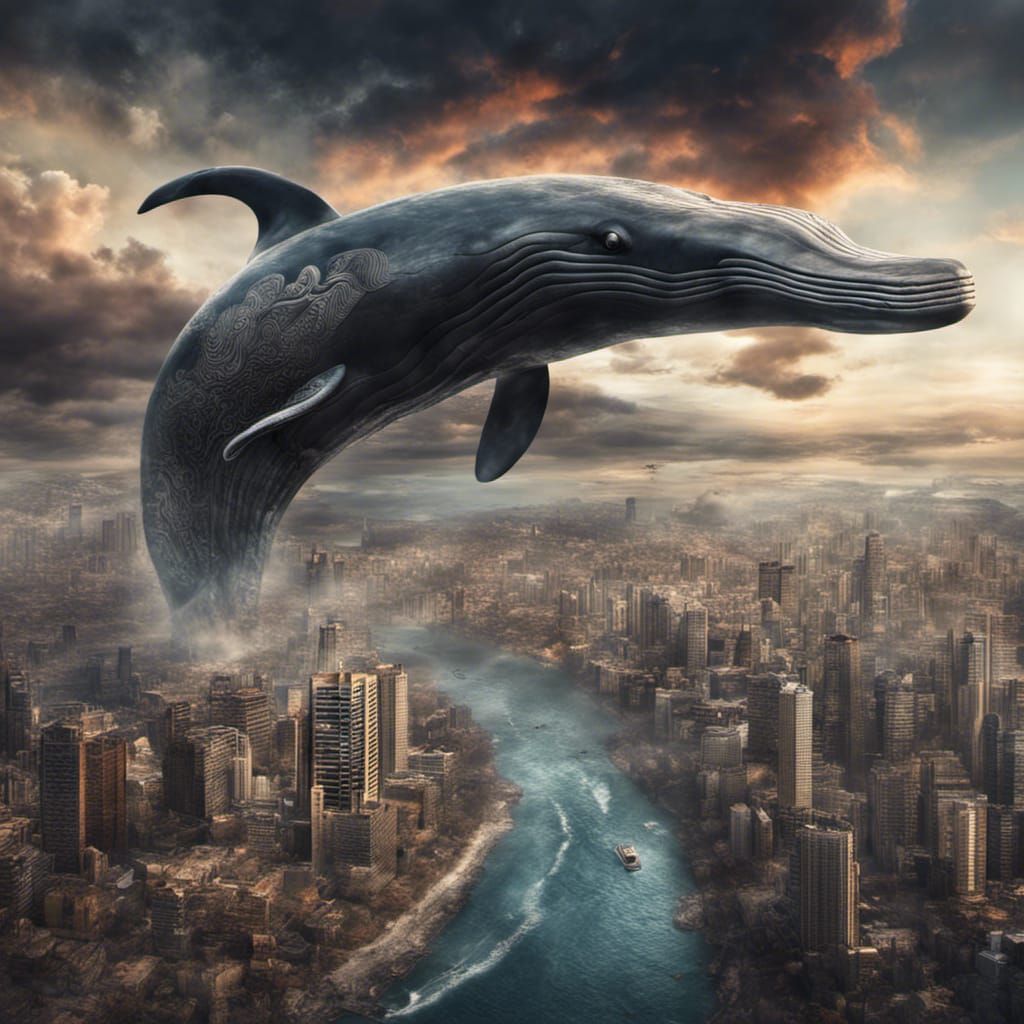 Feather Whale Over Lost City with Bleeding Sky