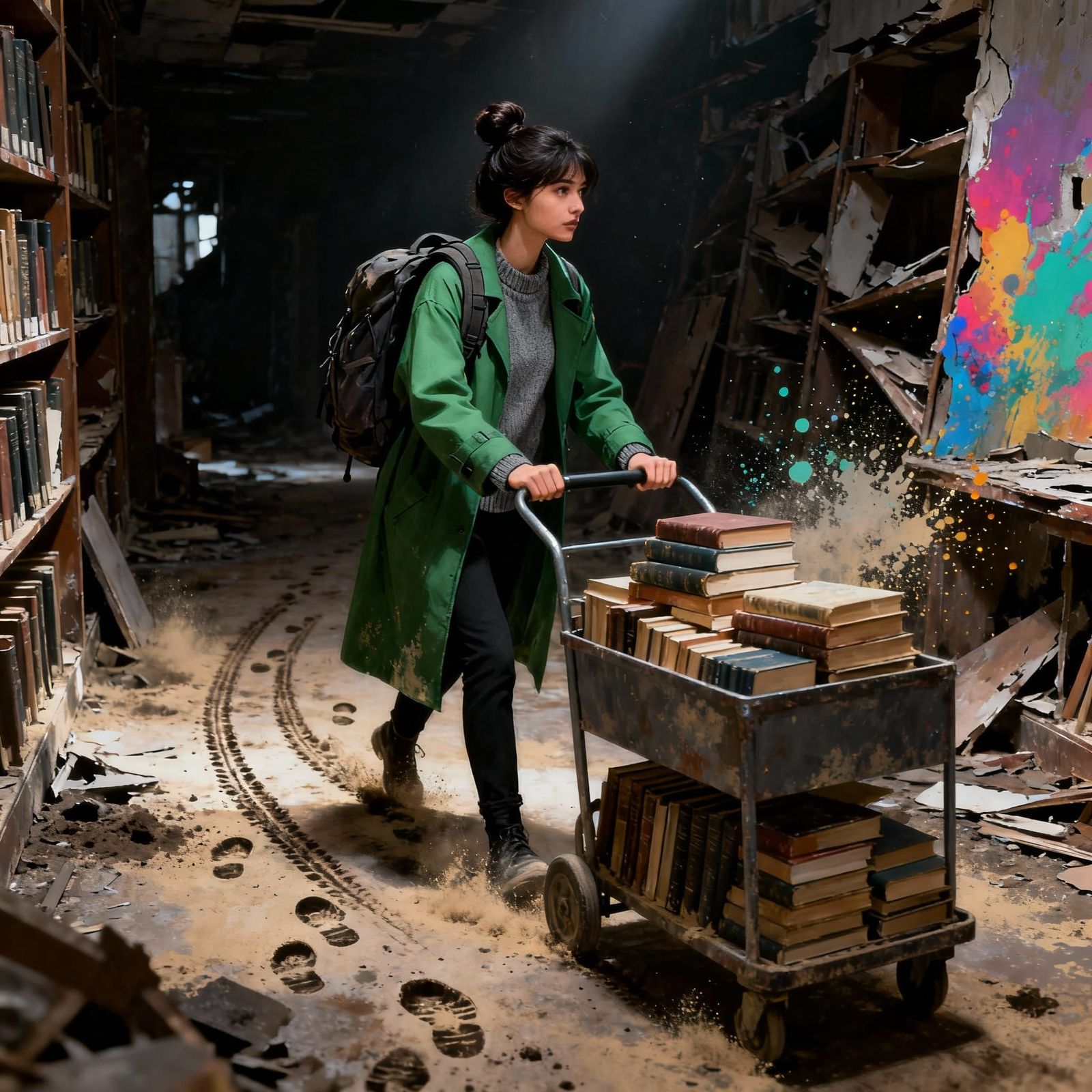 Woman Rescues Books from Ruined Library in Hyperrealistic Ar...