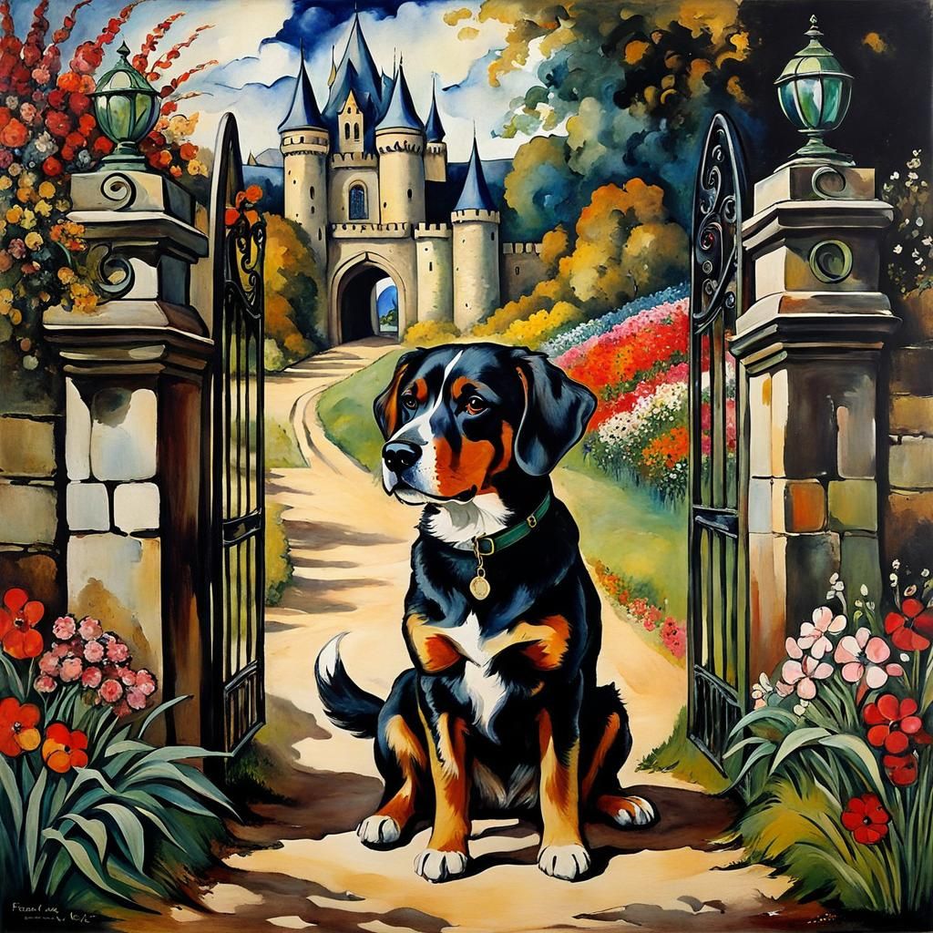 Fantastical Girl and Dog at Castle Gate