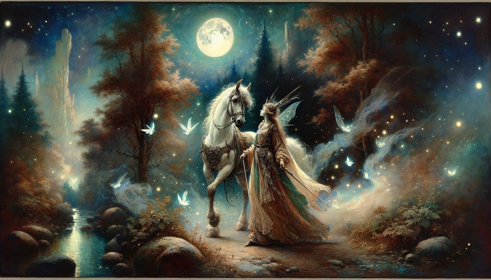 Moonlit Elven Princess and Steed in Enchanted Glade