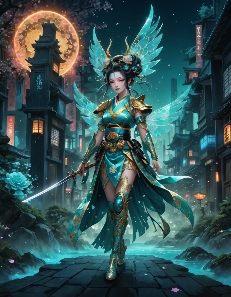 Magical Samurai Girl Portrait with Kabuki Makeup in Anime St...