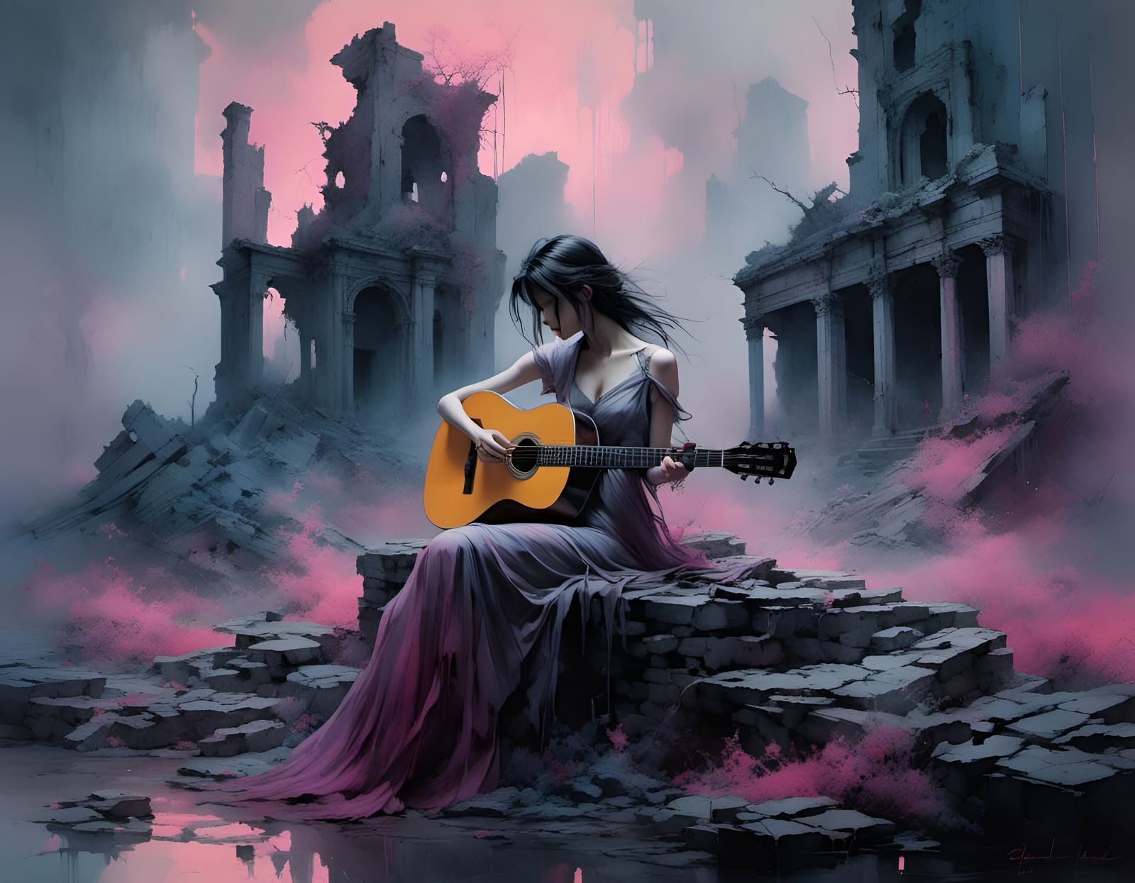 Sad Girl Plays Guitar in Ruined Twilight World
