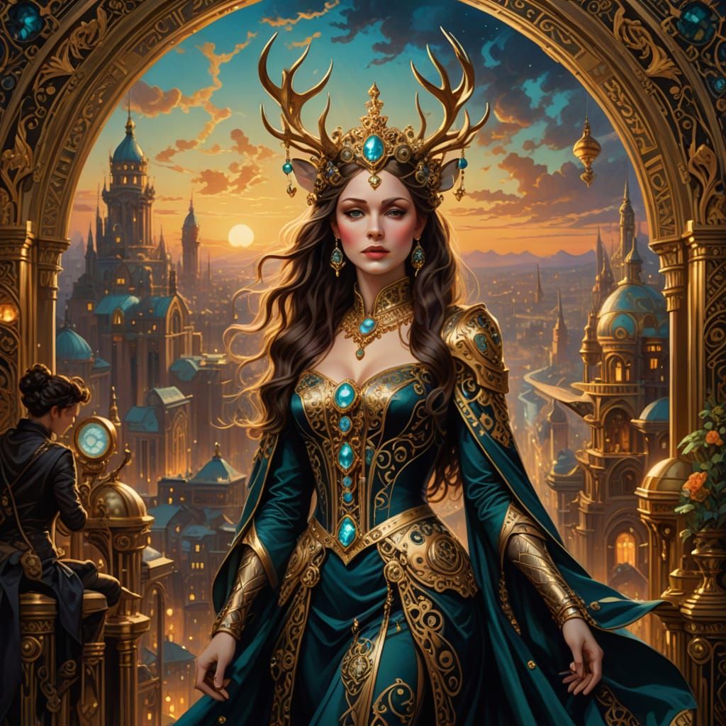 Queen Overseeing Steampunk City at Twilight in Rich Oil Styl...