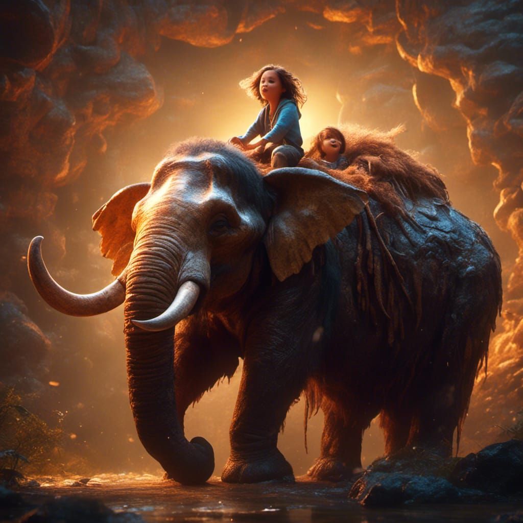 Cave Girl Rides Baby Mammoth: Hyperrealistic Art