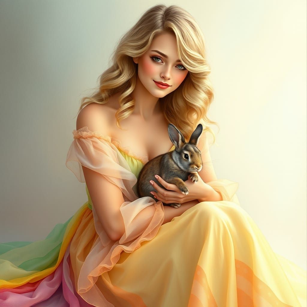 Elegant European Woman in Art Nouveau-Inspired Pastel Gown w...