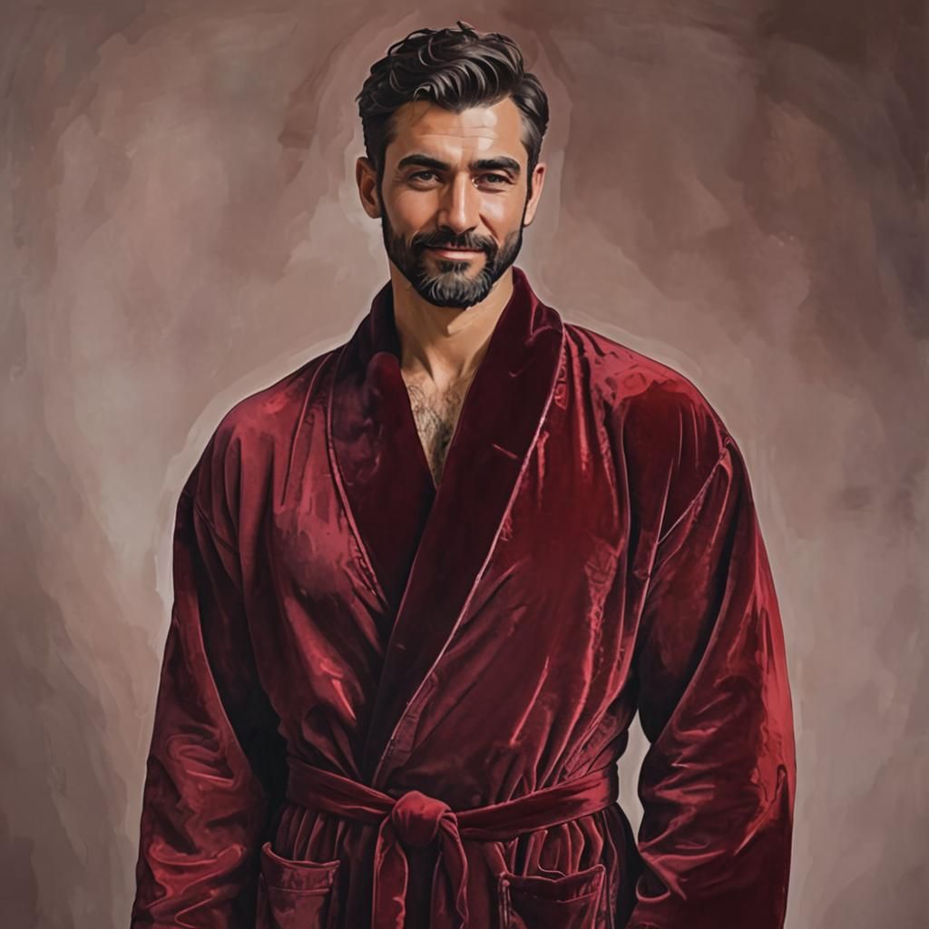 Hirsute Man in Red Velvet Robe, Art Nouveau Portrait