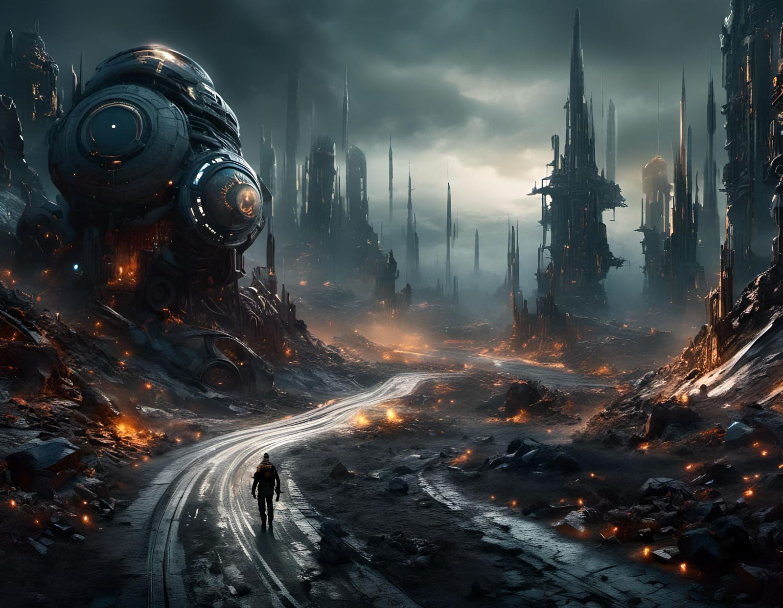 Cyborg Walks Desolate Highway in Apocalyptic Digital Art