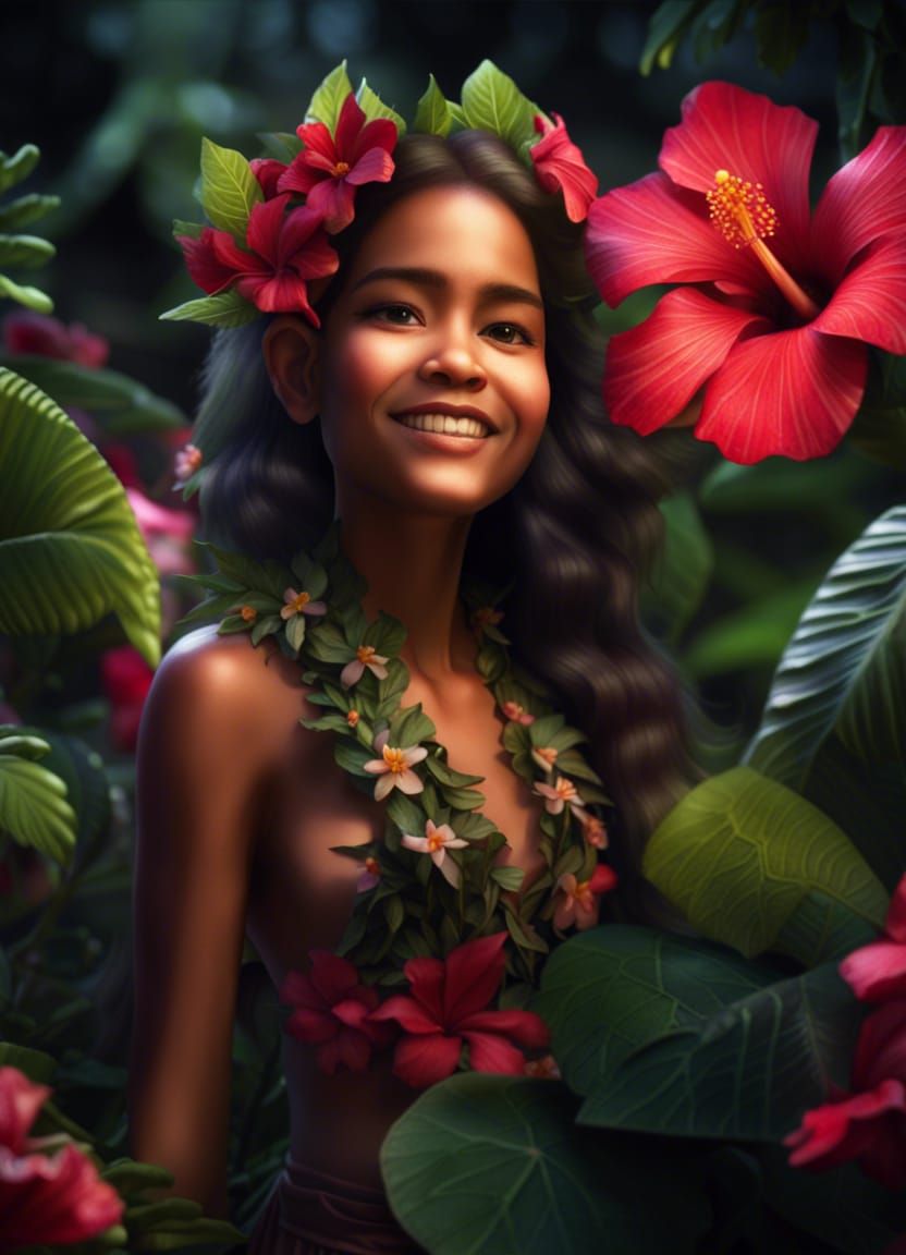 Joyful Hawaiian Flower Fairy with Hibiscus Plants