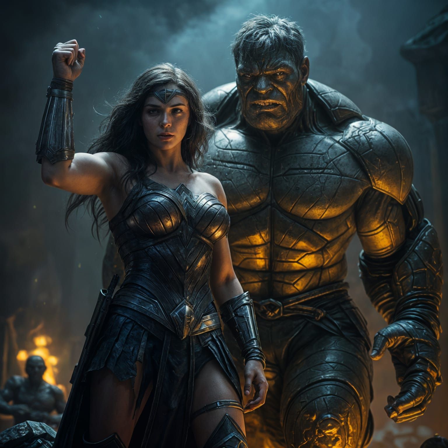 A battle fatigue and battle damaged Wonder Woman, bloody, br...