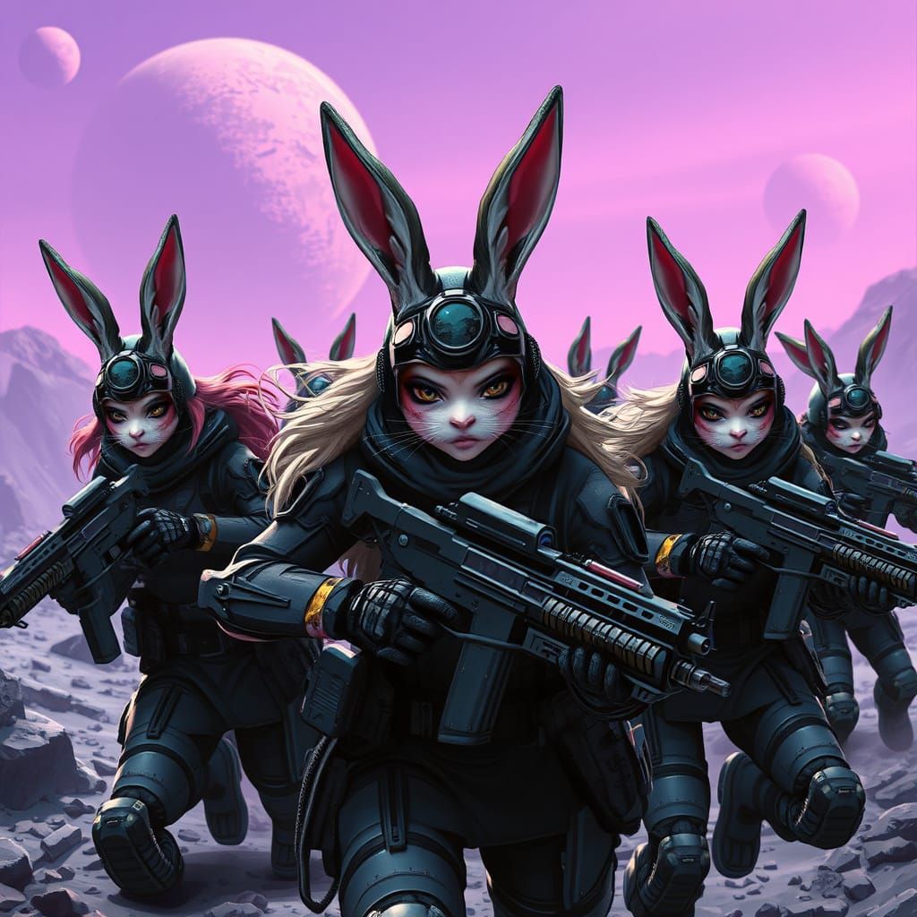 Bunny Soldiers Attack Cyberdronen in Sci-Fi Style