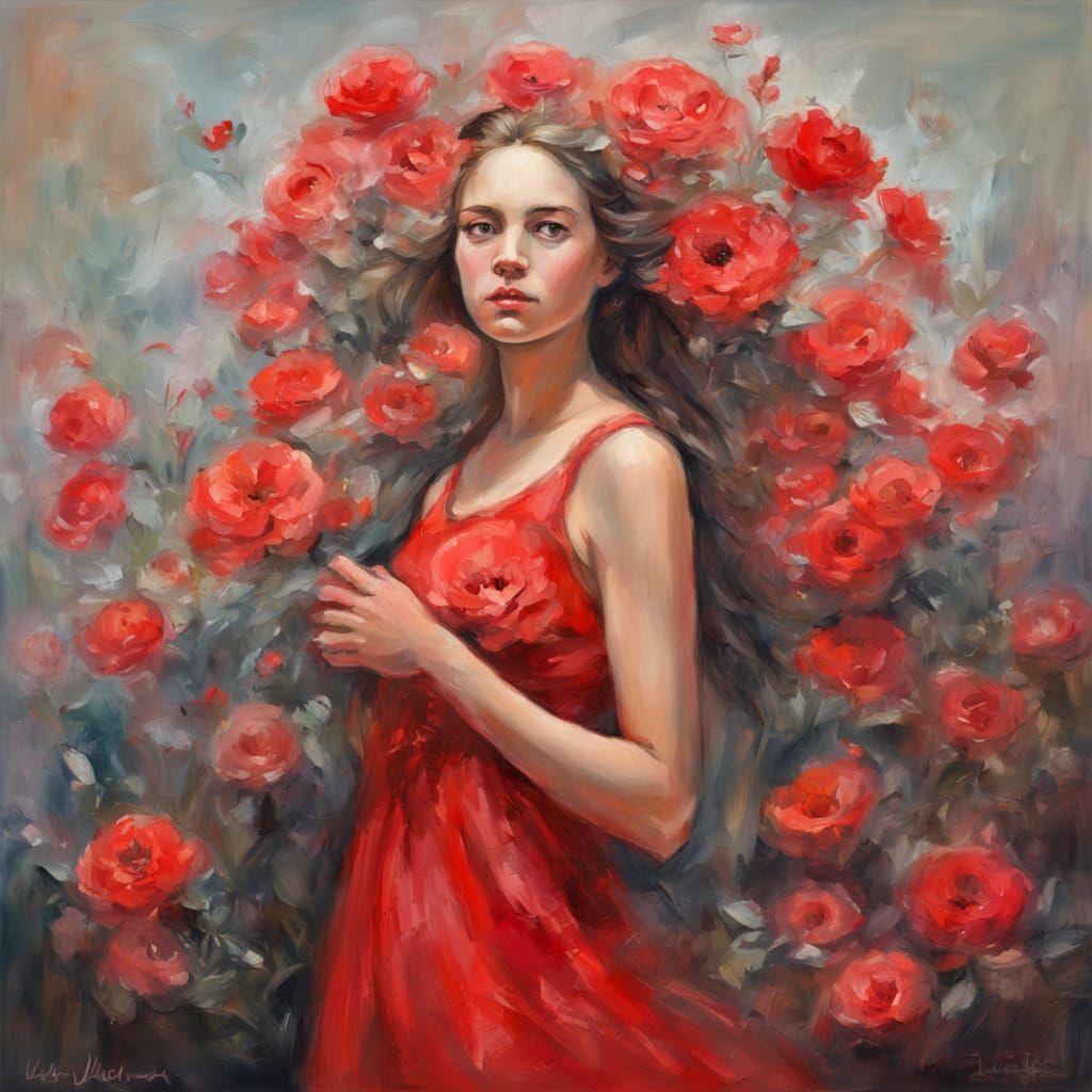 Aphrodite in Red Dress With Coral Flower, Oil Painting