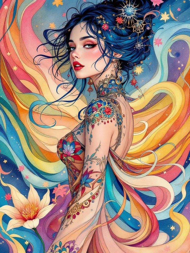 Anime Goddess in Vibrant Fantasy Outfit